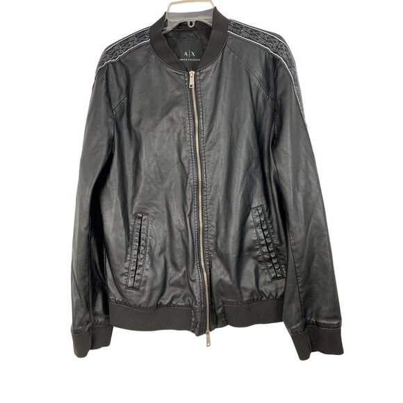 VTG Mens Armani Exchange Black Faux Leather Bomber Jacket XL Logo Tape RP10247 - Picture 1 of 8